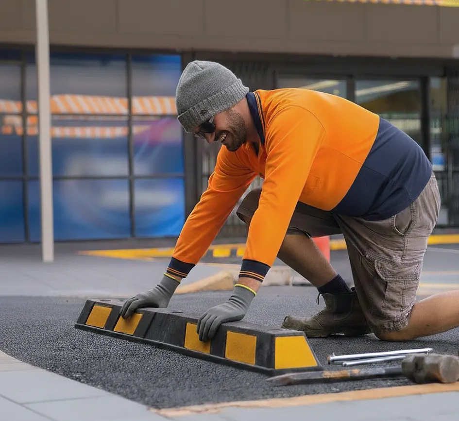 Rex Construct team member installing car park wheel stops