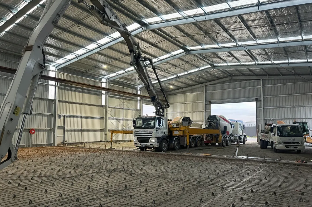 Concrete pump truck pouring a warehouse slab
