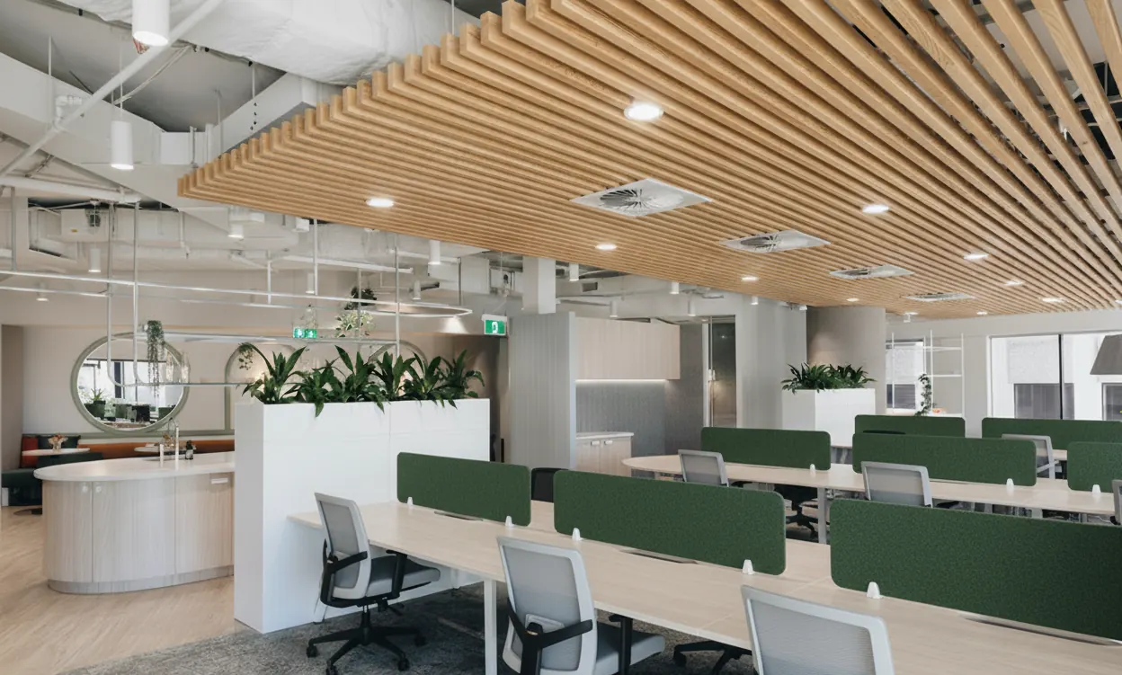 Open-plan commercial office fit-out with timber batten ceiling
