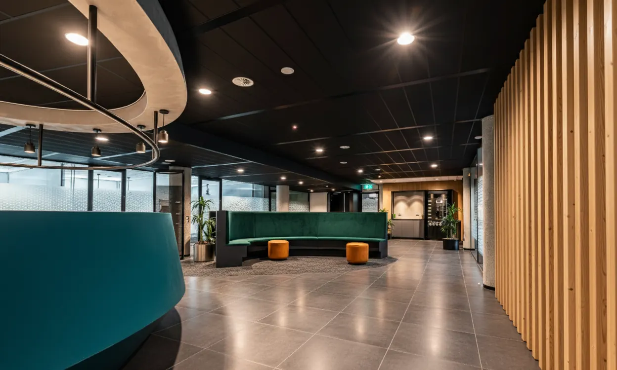 Commercial office fit-out with feature reception and timber battens